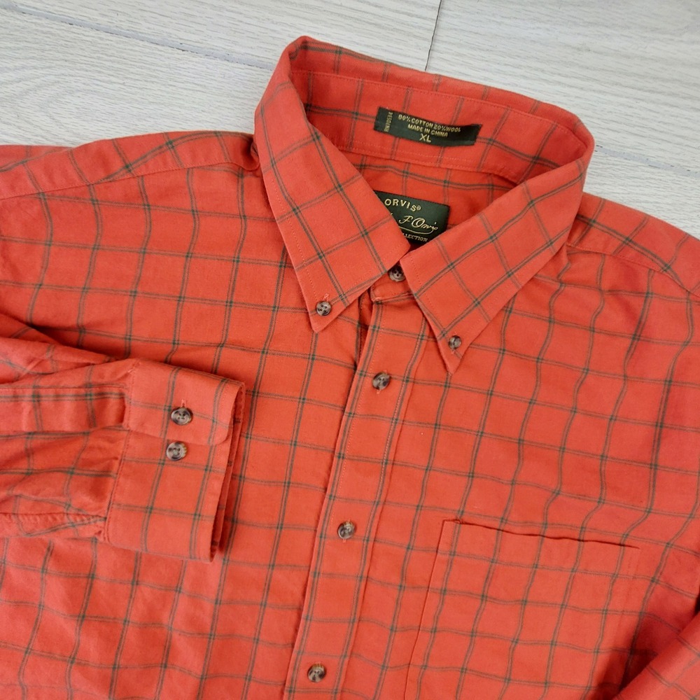 Orvis Button Down Shirt Mens XL Orange Cotton Wool Blend Windowpane Check Plaid